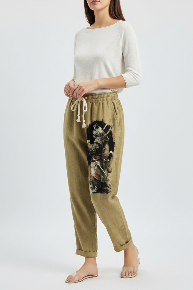 Pantalon Japonais Kaki Ample Coton Chat Samurai