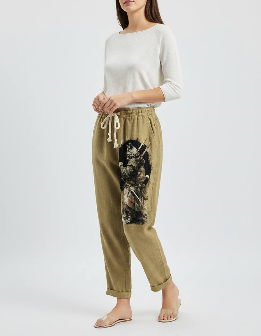 Pantalon Japonais Kaki Ample Coton Chat Samurai