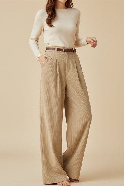 Pantalon Japonais Côtelé Beige Ample Plissé Décontracté - Cordé