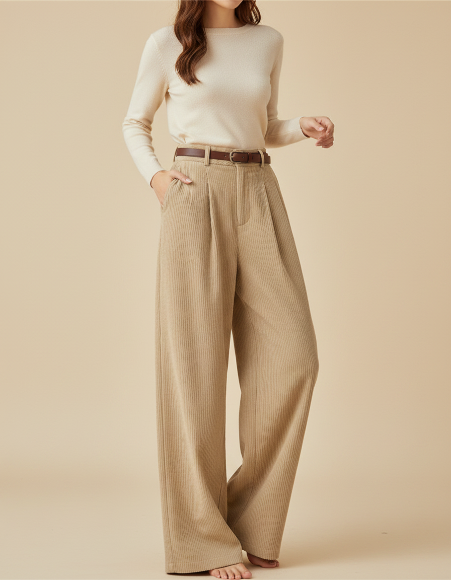 Pantalon Japonais Côtelé Beige Ample Plissé Décontracté - Cordé