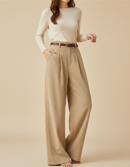 Pantalon Japonais Côtelé Beige Ample Plissé Décontracté - Cordé