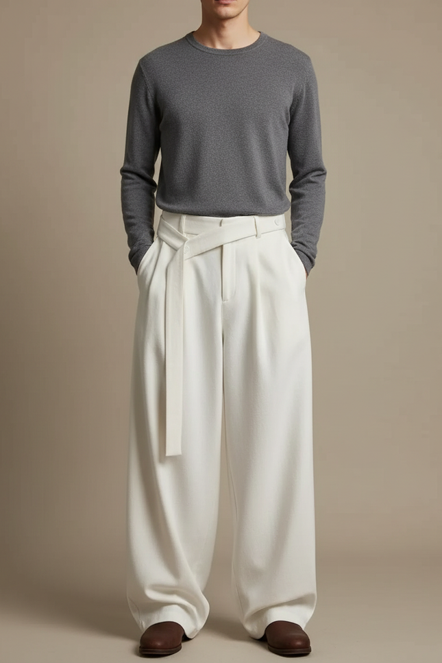 Pantalon Japonais Blanc Ample Ceinturé Fluide Élégant - Viscose