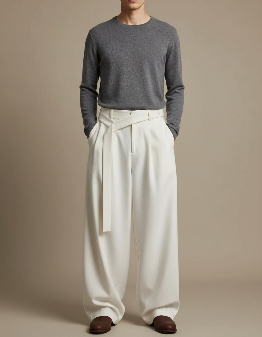 Pantalon Japonais Blanc Ample Ceinturé Fluide Élégant - Viscose