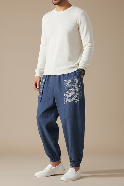 Pantalon Motif Japonais - Bleu Lin