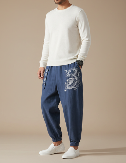 Pantalon Motif Japonais - Bleu Lin