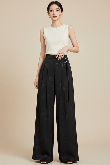 Pantalon Japonais Noir Jacquard Ample Fluide Élégant - Viscose