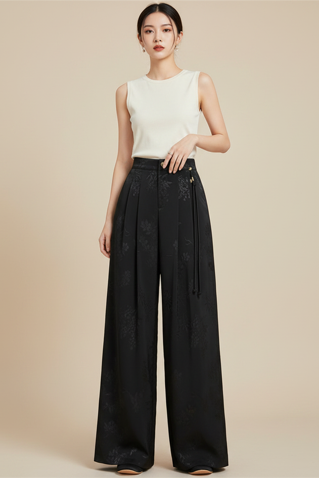 Pantalon Japonais Noir Jacquard Ample Fluide Élégant - Viscose