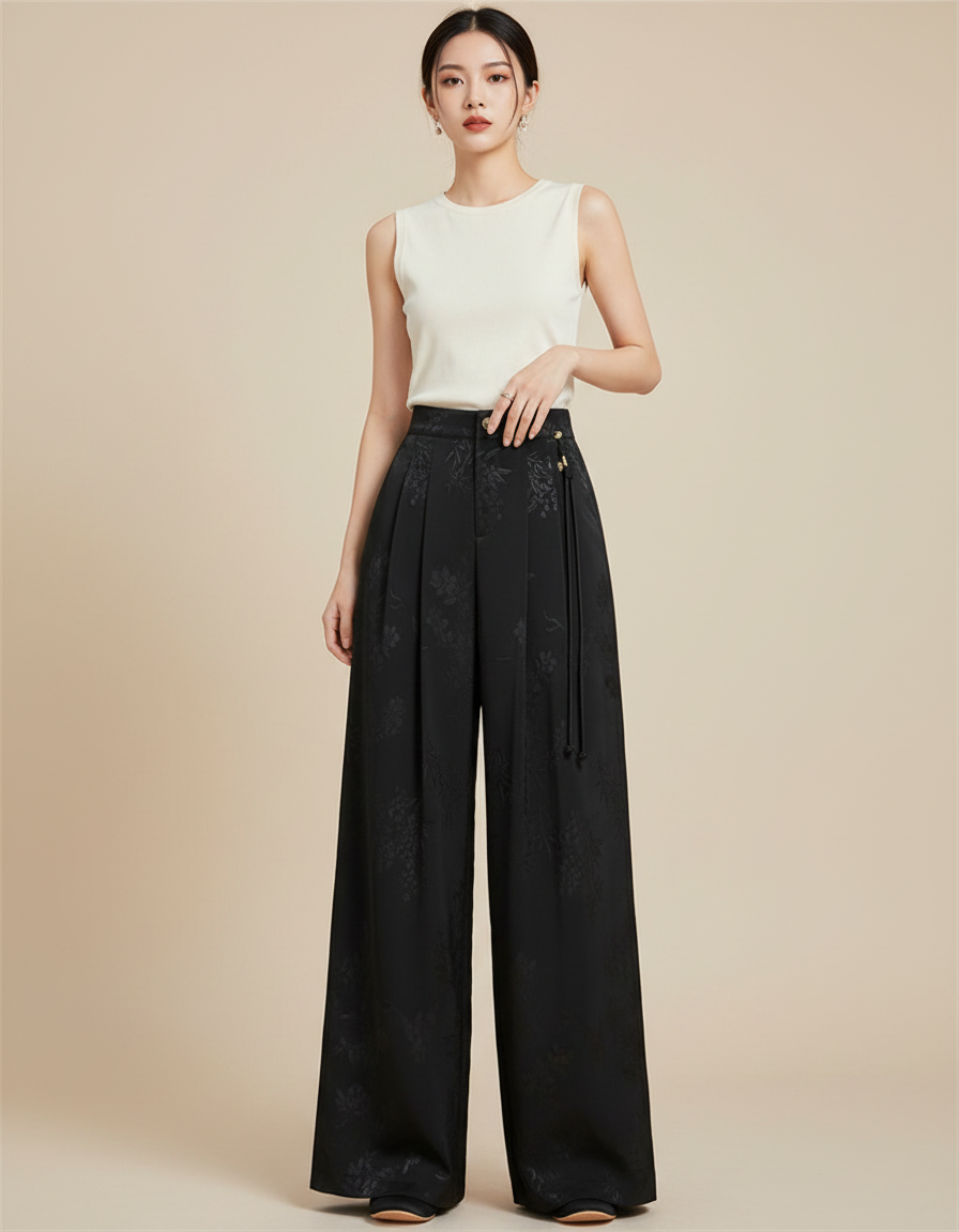 Pantalon Japonais Noir Jacquard Ample Fluide Élégant - Viscose