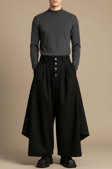 Pantalon Japonais Noir Ample Asymétrique Plissé Moderne - Gabardine