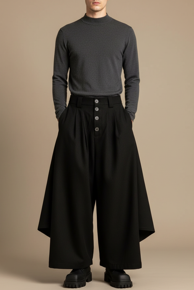 Pantalon Japonais Noir Ample Asymétrique Plissé Moderne - Gabardine