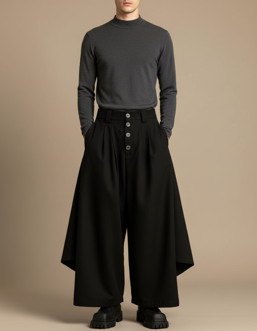 Pantalon Japonais Noir Ample Asymétrique Plissé Moderne - Gabardine