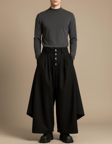 Pantalon Japonais Noir Ample Asymétrique Plissé Moderne - Gabardine