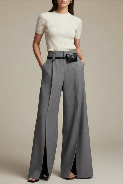 Pantalon Japonais Gris Ample Fendu Élégant Fluide Femme - Gabardine