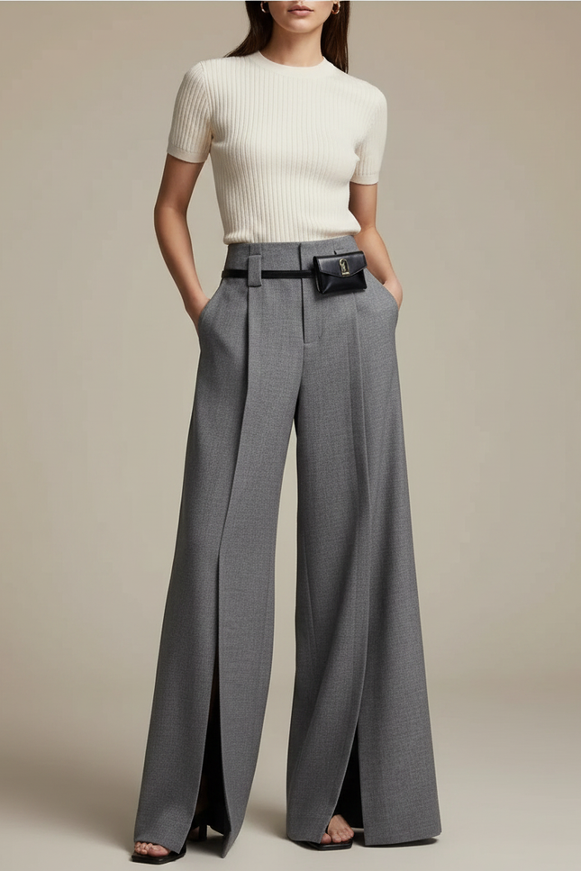 Pantalon Japonais Gris Ample Fendu Élégant Fluide Femme - Gabardine
