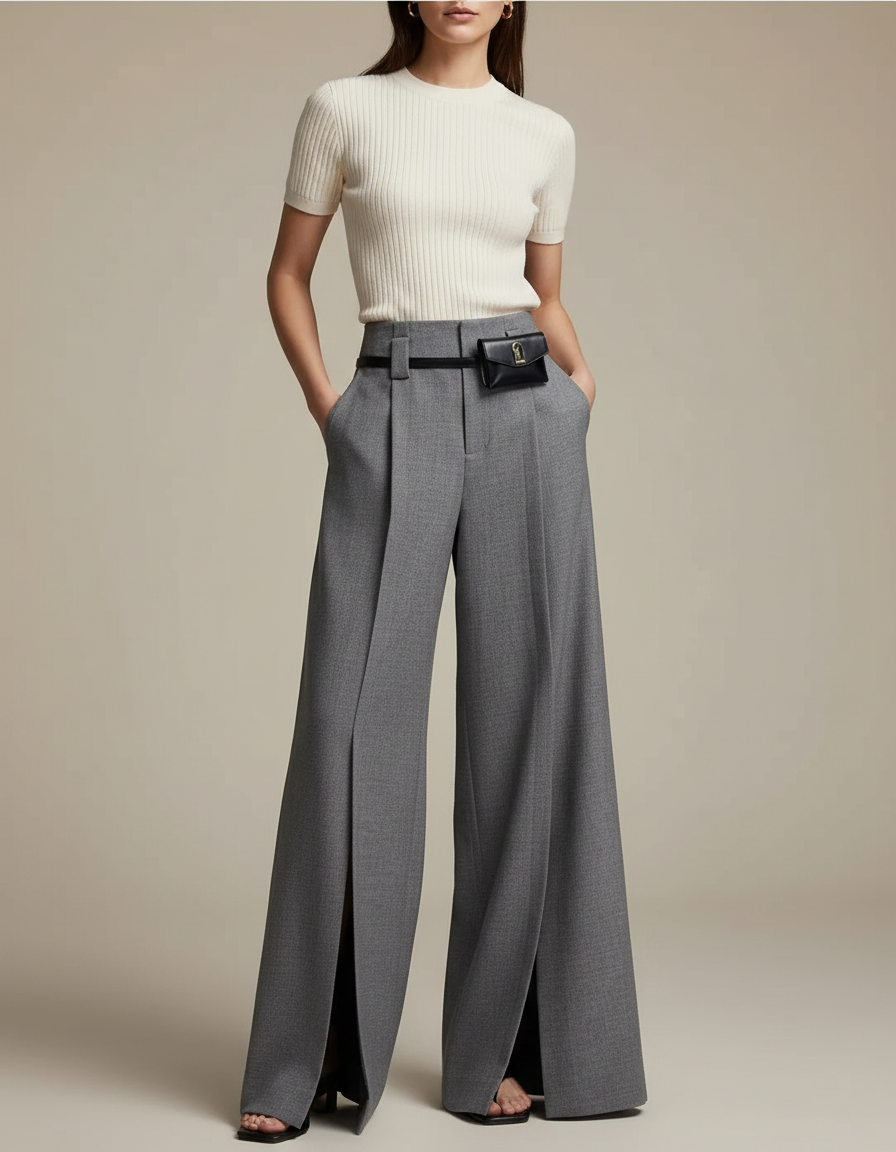 Pantalon Japonais Gris Ample Fendu Élégant Fluide Femme - Gabardine
