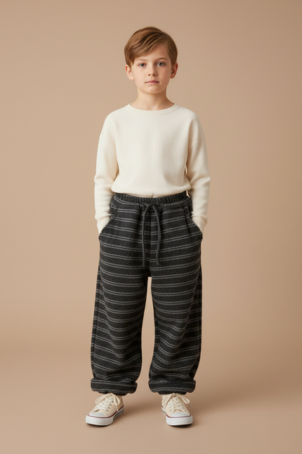 Pantalon Japonais Rayé Gris Ample Décontracté Enfant - Molleton