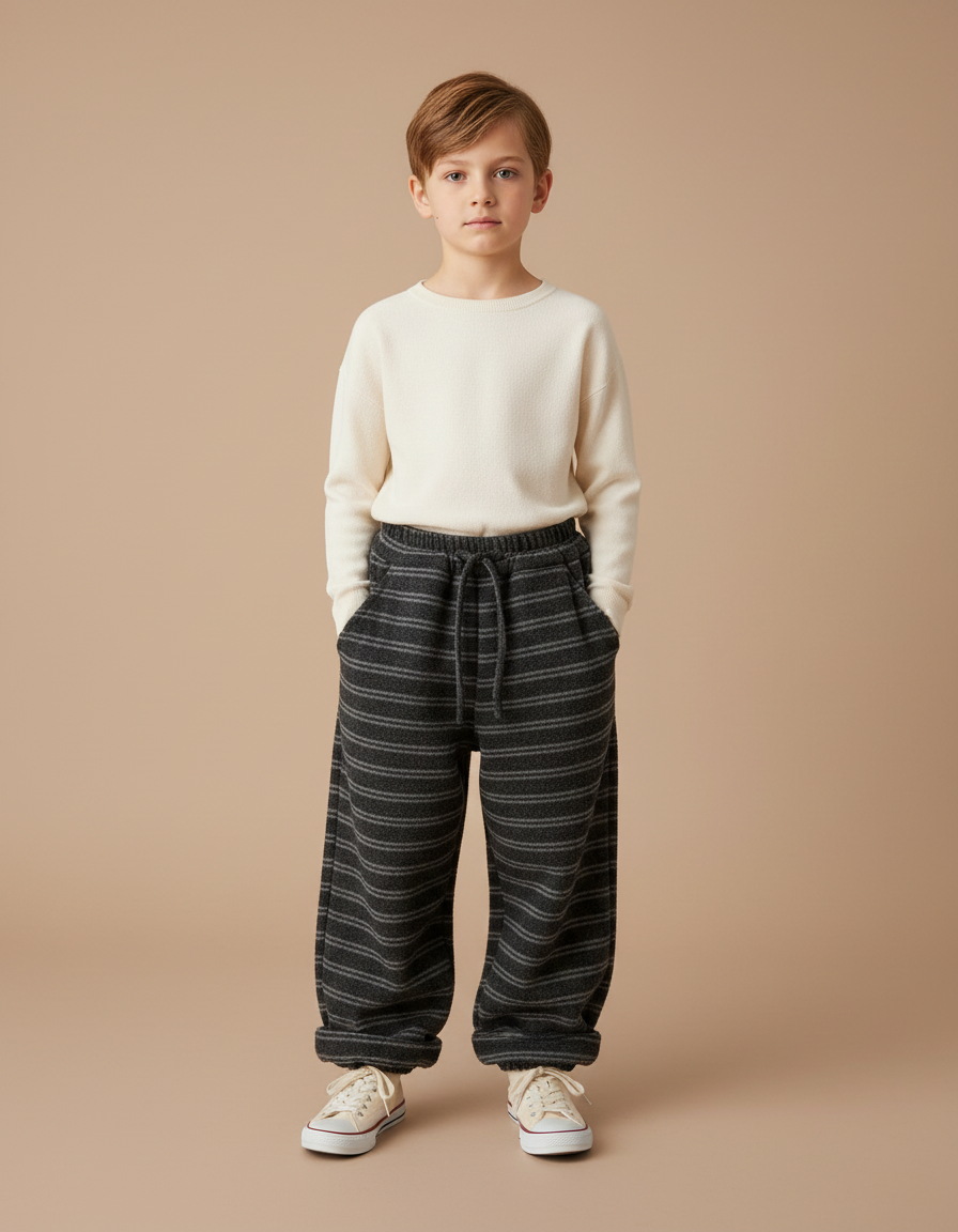 Pantalon Japonais Rayé Gris Ample Décontracté Enfant - Molleton