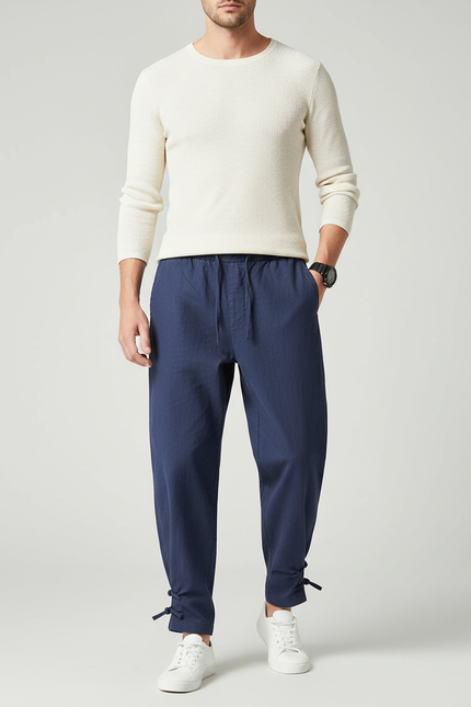 Pantalon Japonais Bleu Marine Lin Ample Liens Cheville