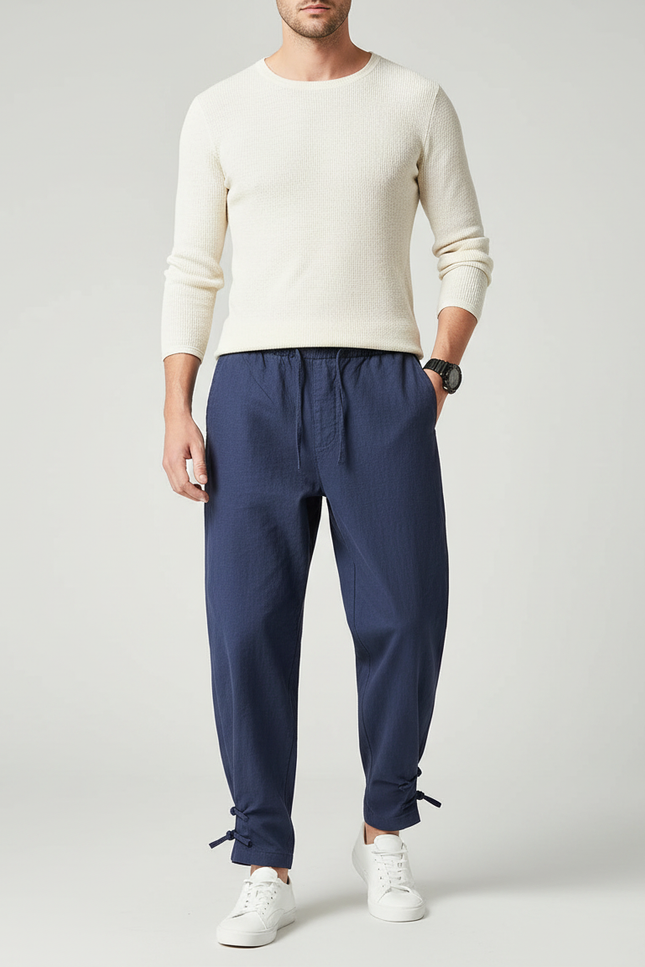 Pantalon Japonais Bleu Marine Lin Ample Liens Cheville