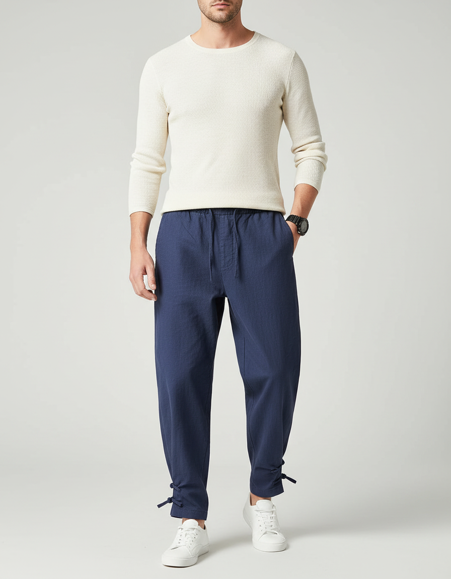 Pantalon Japonais Bleu Marine Lin Ample Liens Cheville
