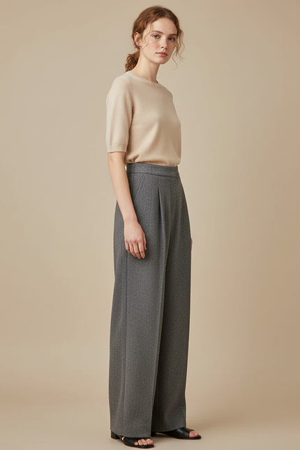 Pantalon Japonais Gris Ample Motif Géométrique Élégant - Laine