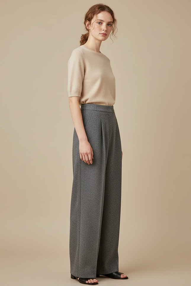 Pantalon Japonais Gris Ample Motif Géométrique Élégant - Laine