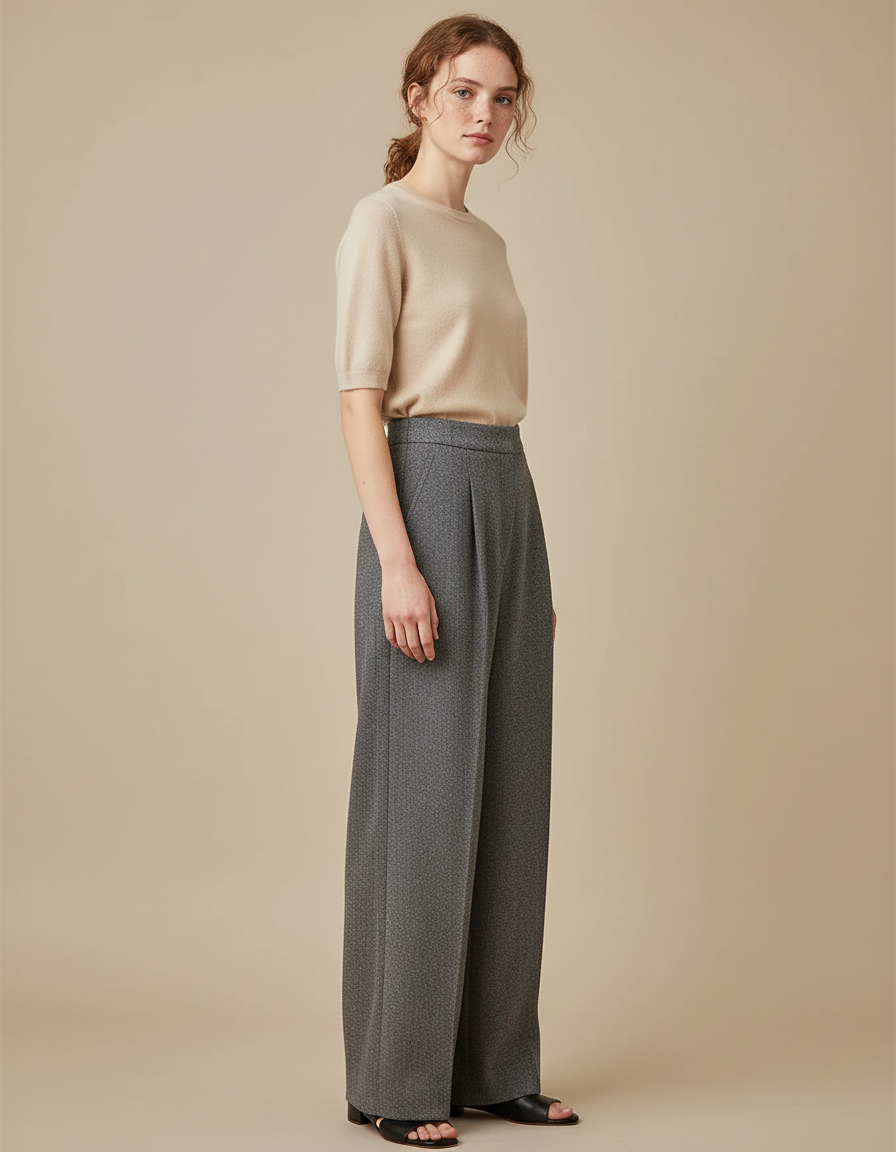 Pantalon Japonais Gris Ample Motif Géométrique Élégant - Laine