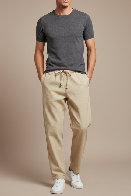 Pantalon Japonais Beige Ample Coton Lin Décontracté Homme