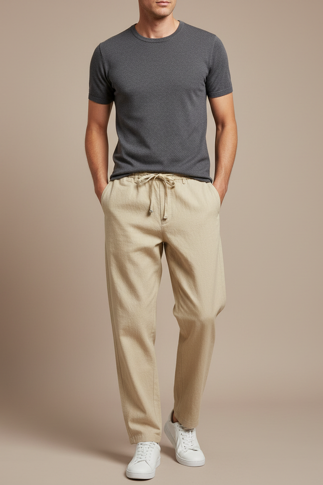Pantalon Japonais Beige Ample Coton Lin Décontracté Homme
