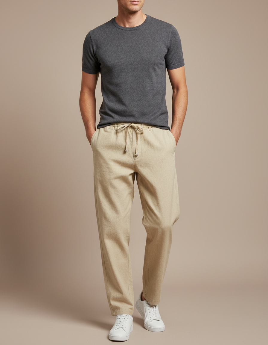 Pantalon Japonais Beige Ample Coton Lin Décontracté Homme