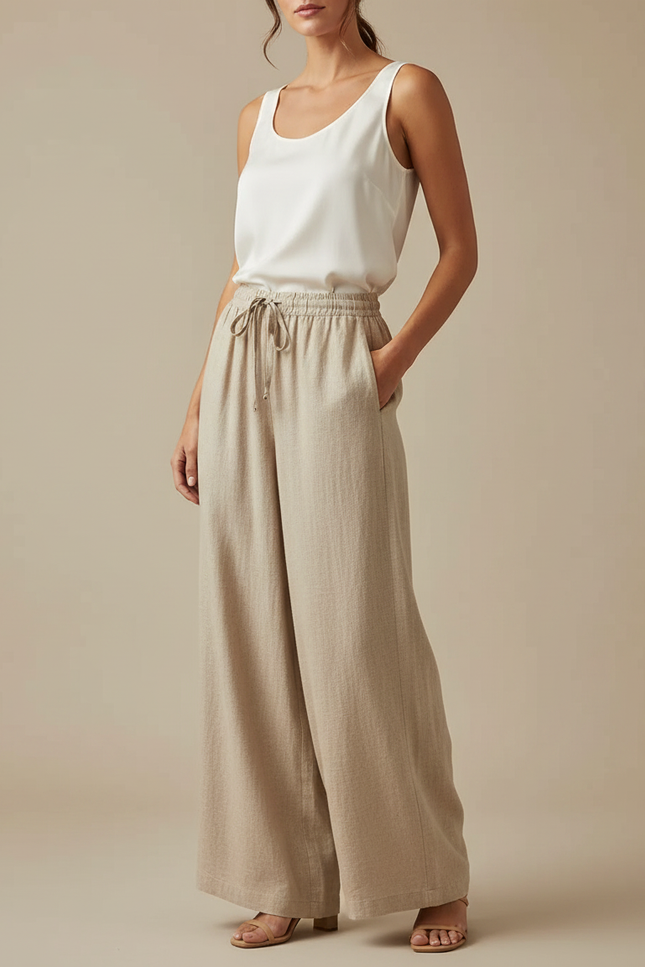 Pantalon Japonais Lin Ample Beige Fluide Décontracté Femme