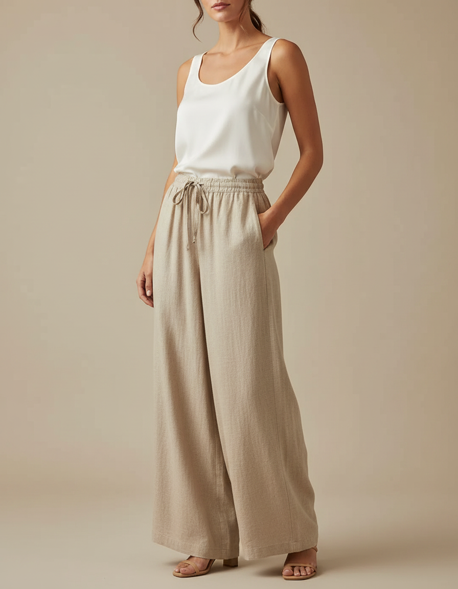 Pantalon Japonais Lin Ample Beige Fluide Décontracté Femme