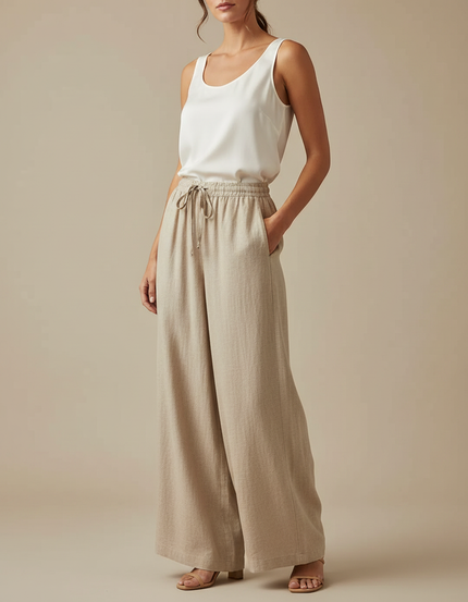 Pantalon Japonais Lin Ample Beige Fluide Décontracté Femme