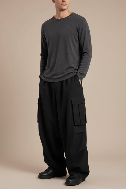 Pantalon Japonais Cargo Noir Ample Homme Décontracté - Gabardine