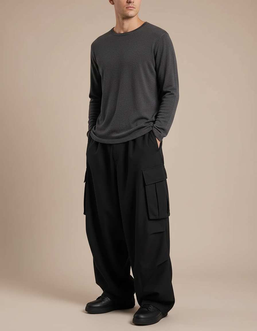 Pantalon Japonais Cargo Noir Ample Homme Décontracté - Gabardine