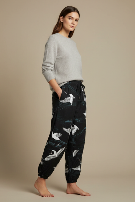 Pantalon Japonais Noir Fluide Grues Resserré Cheville - Imprimé Viscose