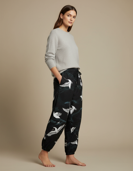 Pantalon Japonais Noir Fluide Grues Resserré Cheville - Imprimé Viscose
