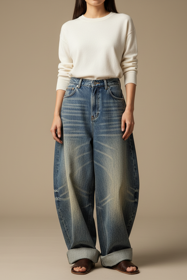 Pantalon Japonais Bleu Délavé Ample Denim Large - Jean