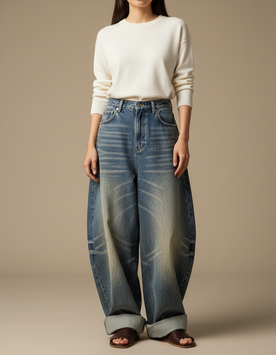 Pantalon Japonais Bleu Délavé Ample Denim Large - Jean