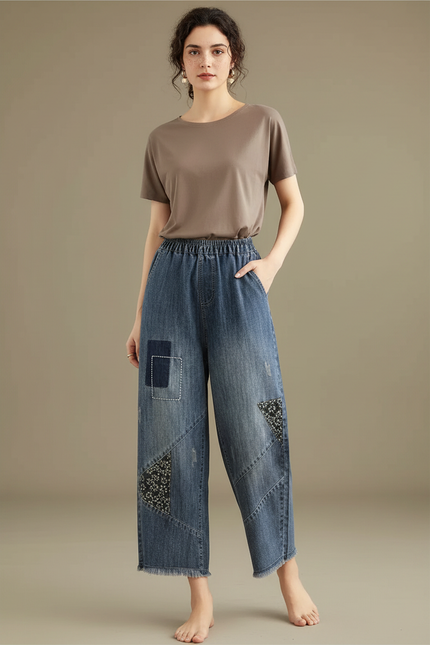 Pantalon Japonais Denim Ample Brodé Patchwork Femme - Bleu Jean