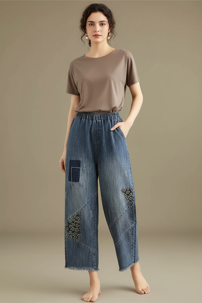 Pantalon Japonais Denim Ample Brodé Patchwork Femme - Bleu Jean