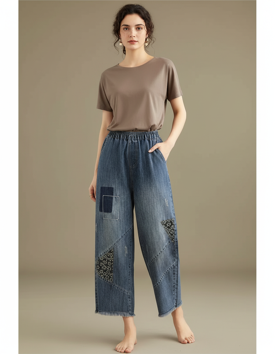 Pantalon Japonais Denim Ample Brodé Patchwork Femme - Bleu Jean
