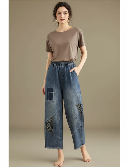 Pantalon Japonais Denim Ample Brodé Patchwork Femme - Bleu Jean