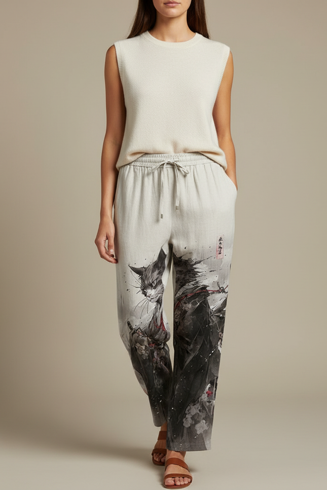 Pantalon Japonais Gris Imprimé Chat Samurai Ample - Lin