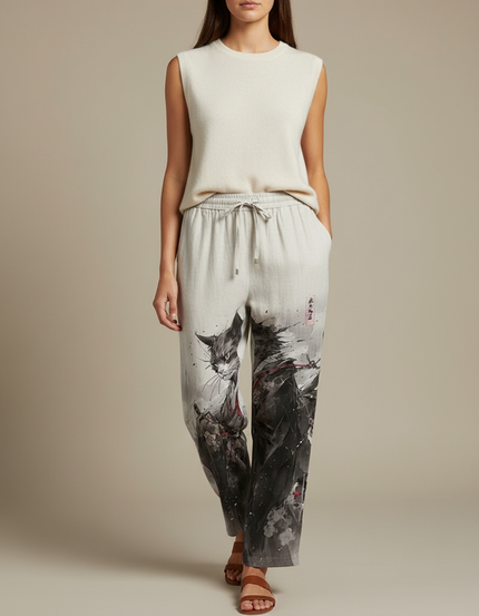 Pantalon Japonais Gris Imprimé Chat Samurai Ample - Lin