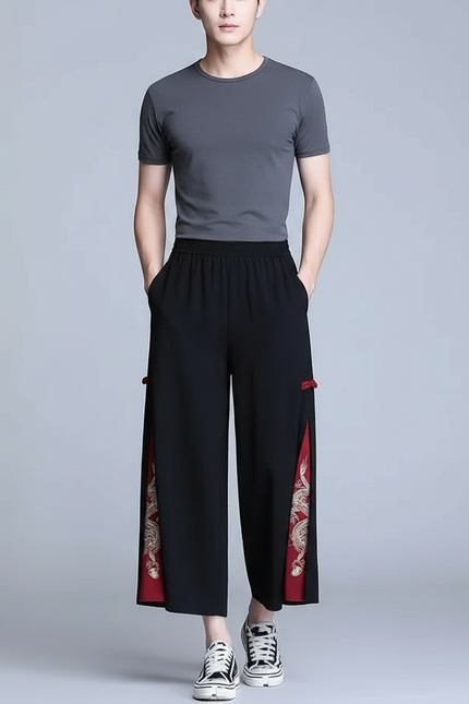 Pantalon Japonais Noir Ample Dragon Rouge Homme - Polyester
