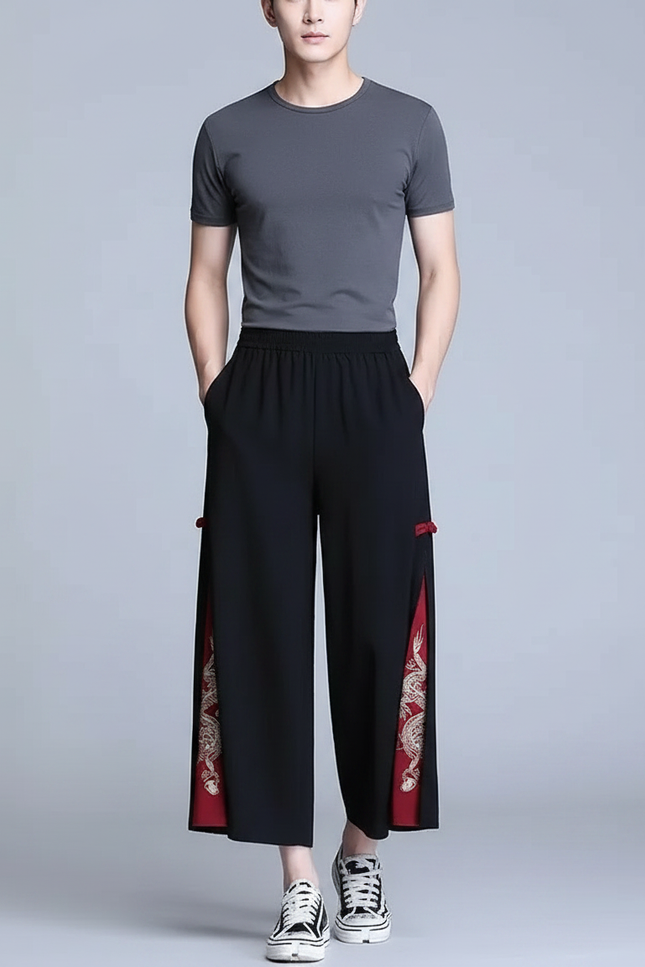 Pantalon Japonais Noir Ample Dragon Rouge Homme - Polyester