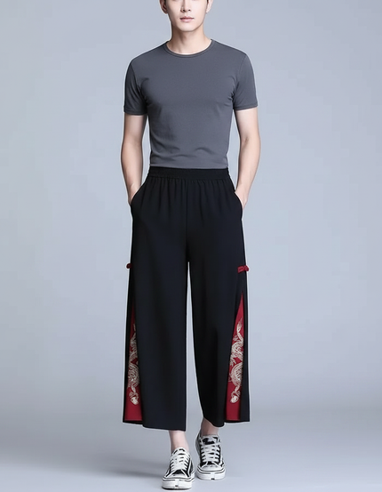 Pantalon Japonais Noir Ample Dragon Rouge Homme - Polyester