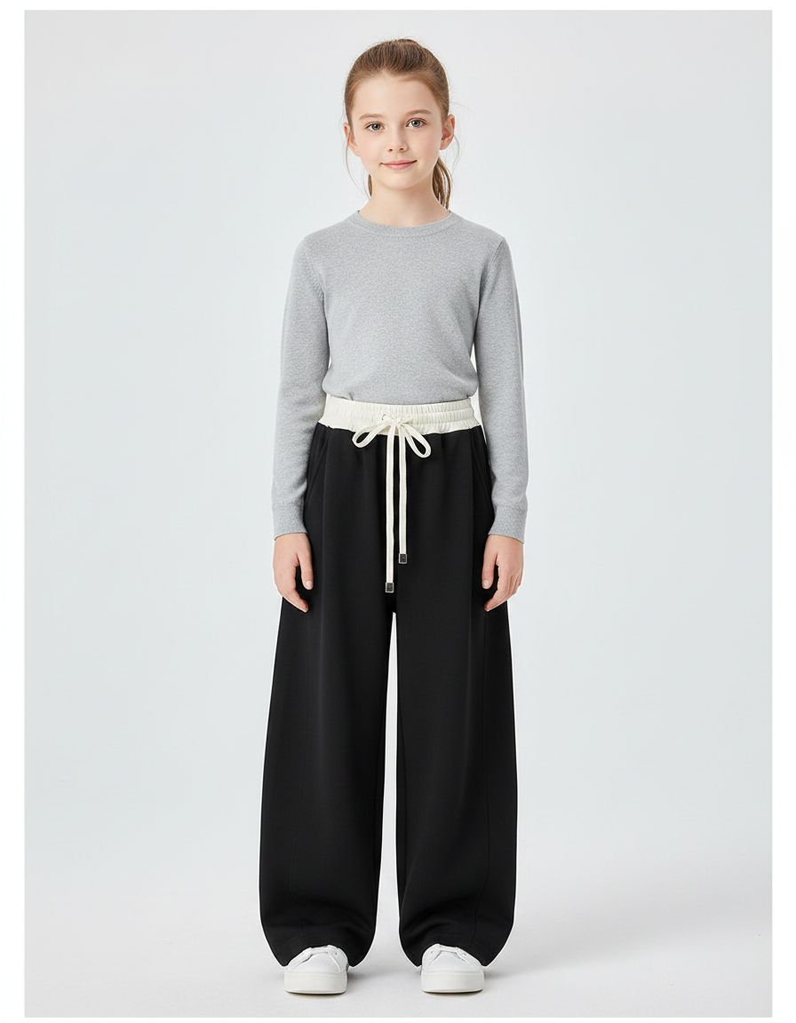 Pantalon Japonais Noir Ample Taille Haute Fille - Molleton