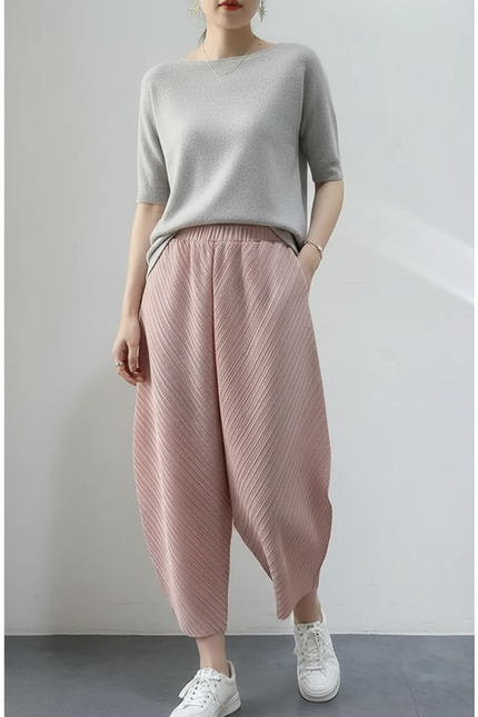 Pantalon Japonais Plissé Rose Ample Élastique Fluide - Polyester